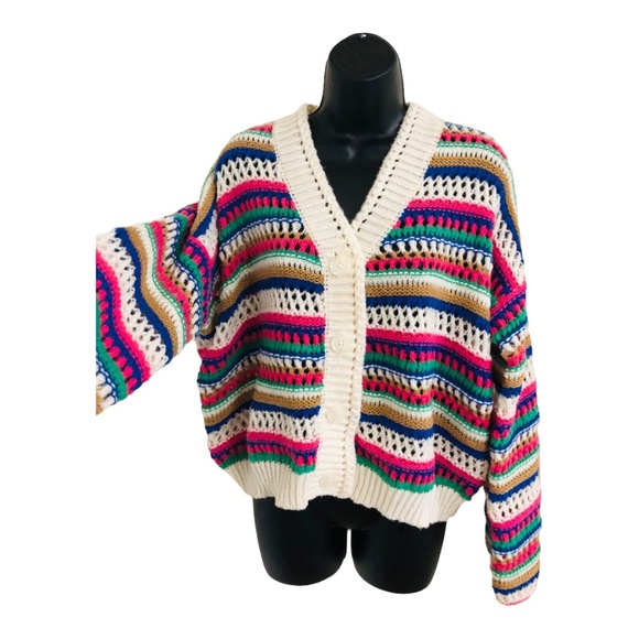 Vigoss Sweaters - Vigoss Cream multistriped crochet‎ knit grandpa cardigan sweater size large new